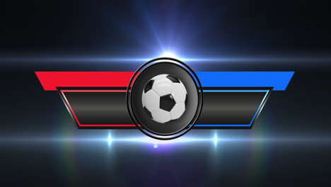 Animation-of-team-and-results-banner-with-football-and-copy-space-over-glowing-blue-light