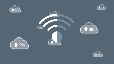 Animation-of-wifi-icon-and-digital-clouds-with-electronic-devices-on-grey-background
