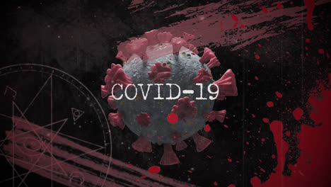 Covid-19-Text-über-Covid-19-Zelle-Vor-Roten-Farbspritzern-Und-Pinselstrichen-Auf-Schwarzem-Hintergrund