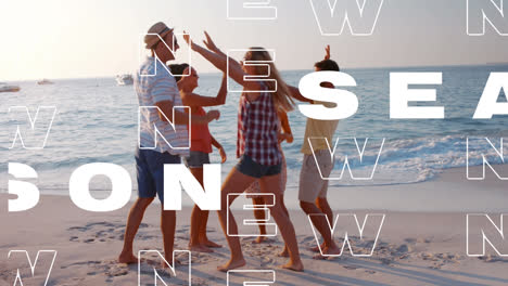 Animation-of-new-season-text-over-happy-group-of-happy-people-on-the-beach