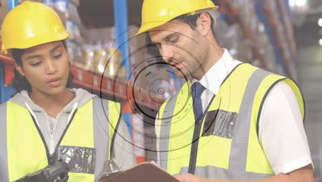 Animation-of-scope-scanning-over-man-and-woman-working-in-warehouse