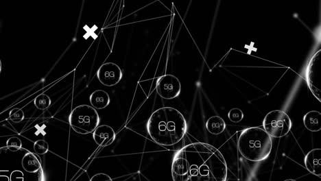 Animation-of-network-of-connections-with-5g-text-on-black-background