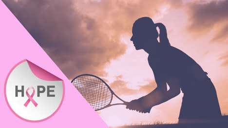 Animation-of-pink-ribbon-logo-with-hope-text-over-woman-playing-tennis