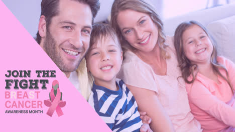 Animation-of-pink-ribbon-logo-with-breast-cancer-text-over-smiling-family-in-doors