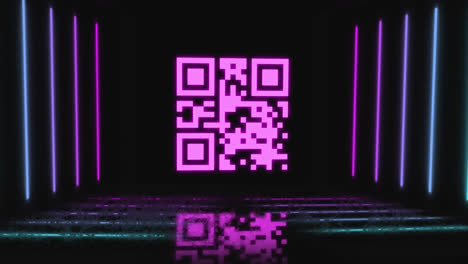 Digitale-Animation-Eines-Leuchtenden-Neonpinken-QR-Codes-Vor-Leuchtenden-Linien-Auf-Schwarzem-Hintergrund