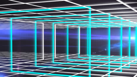 Digitale-Animation-Von-Neonfarbenen-Quadratischen-Formen-über-Einem-Gitternetz-Vor-Blauem-Hintergrund