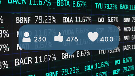 Animation-of-social-media-icons-and-rising-numbers,-over-financial-shares-data-processing
