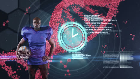 Animation-Der-DNA-Strangdrehung-Und-Datenverarbeitung-über-Einem-American-Football-Spieler