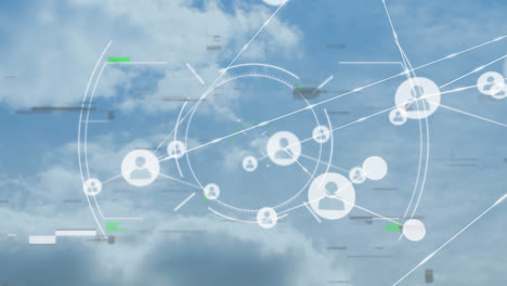 Umfangsscan-Und-Netzwerk-Von-Profilsymbolen-Vor-Wolken-Im-Blauen-Himmel