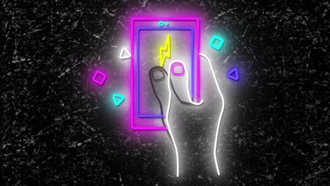 Animation-of-hand-with-smartphone-neon-on-dark-background