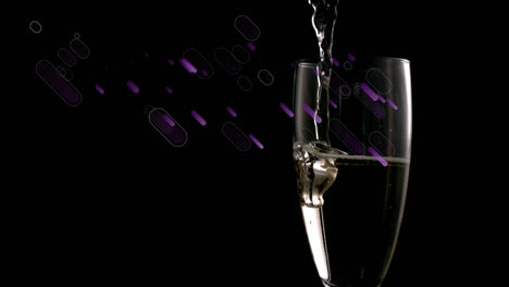 Animation-of-purple-shapes-over-champagne-glass-on-black-background