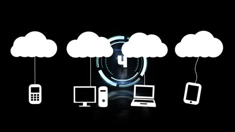 Animación-De-Nubes-Blancas-Con-íconos-Multimedia-Colgantes-Sobre-Un-Escáner-Circular-Con-Cuenta-Regresiva,-En-Negro