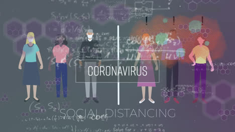 Coronavirus-Textbanner-Und-Chemische-Strukturen,-Die-über-Menschen-Schweben,-Die-Soziale-Distanz-Wahren