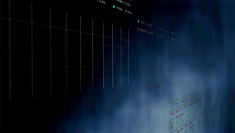 Animation-of-financial-data-processing-over-grid-on-blue-background