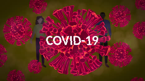 Animation-of-covid-19-cell-falling-over-people-on-yellow-background