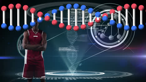 Animation-Der-DNA-Strangdrehung-Und-Datenverarbeitung-über-Einem-Basketballspieler