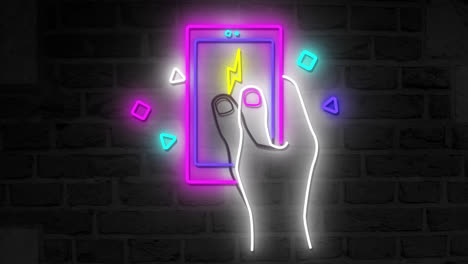 Animation-Einer-Hand-Mit-Smartphone-Neon-Auf-Dunklem-Hintergrund