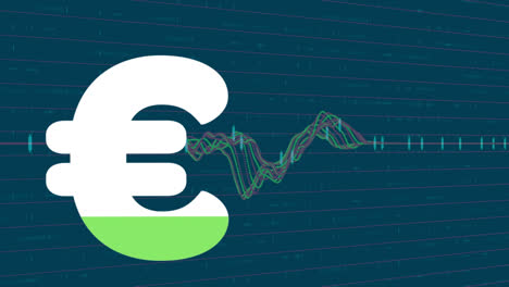 Animation-of-euro-sign-filling-up-with-green-and-financial-data-processing