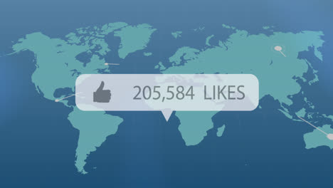 Speech-bubble-with-thumbs-up-icon-with-increasing-likes-against-light-trails-moving-over-world-map