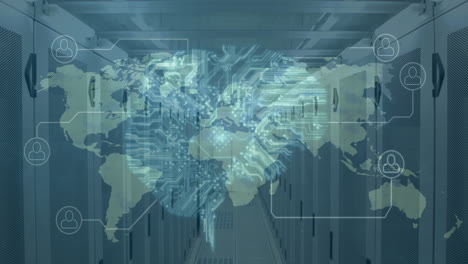 Netzwerk-Digitaler-Symbole-über-Dem-Menschlichen-Gehirn-Und-Einer-Weltkarte-Vor-Einem-Leeren-Serverraum