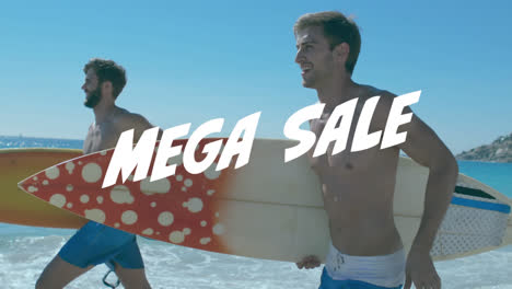 Animation-of-mega-sale-text-over-happy-surfers-on-the-beach