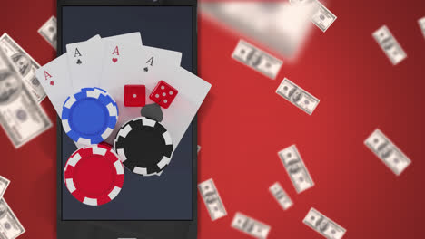 Amerikanische-Dollarscheine-Schweben-über-Vier-Ass-Karten-Und-Casino-Chips-Auf-Dem-Smartphone-Auf-Rotem-Hintergrund