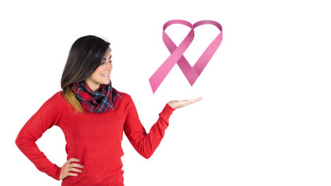 Animation-of-pink-breast-cancer-ribbon-logo-over-smiling-young-woman