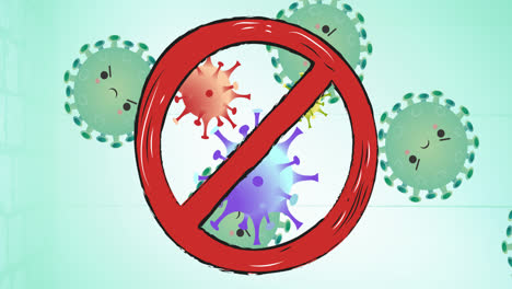 Animation-of-no-entry-sign-over-covid-19-cells-on-green-background