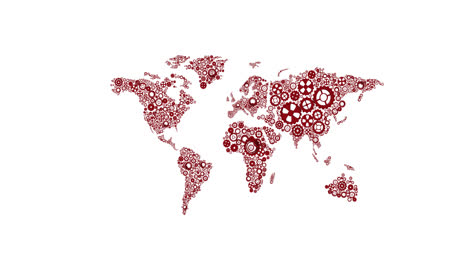 Animation-of-red-and-white-world-map-formed-with-cogs-on-white-background