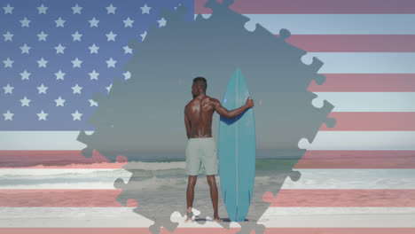 Animation-Eines-Puzzles-Mit-Amerikanischer-Flagge,-Das-Konfetti-Und-Einen-Mann-Mit-Surfbrett-Am-Strand-Zeigt