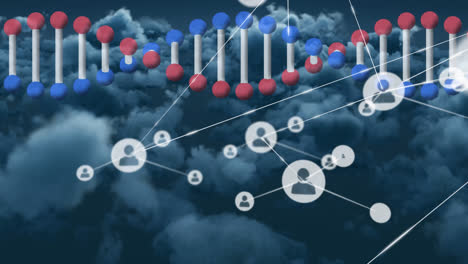 Dna-structure-spinning-and-network-of-profile-icons-against-darks-clouds-in-background