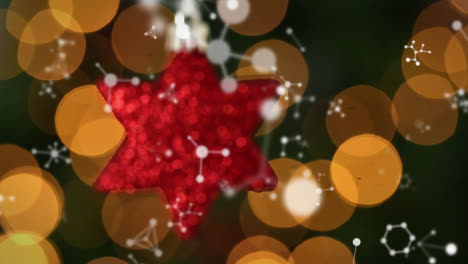 Animation-of-networks-floating-over-red-star-christmas-tree-decoration,-with-bokeh-lights-behind