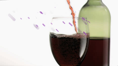 Animation-Von-Violetten-Formen-über-Einem-Glas-Wein-Auf-Weißem-Hintergrund