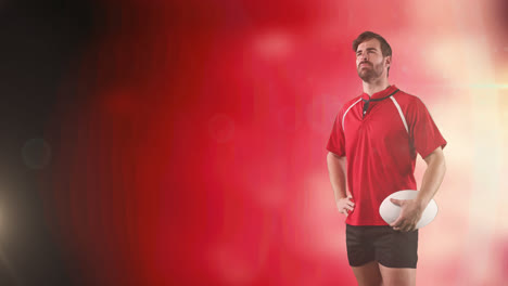 Animation-of-rugby-player-holding-ball-over-glowing-red-background