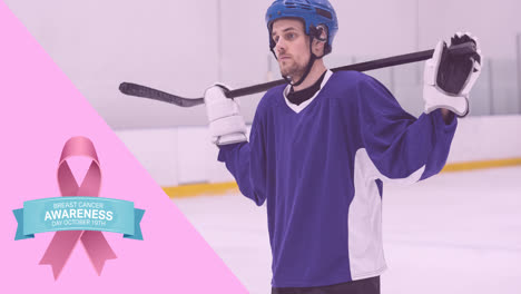 Animation-of-pink-ribbon-logo-with-hope-text-over-hockey-player