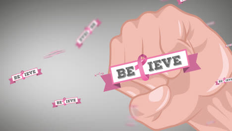Animation-of-multiple-pink-ribbon-logo-with-believe-text-appearing-on-fists