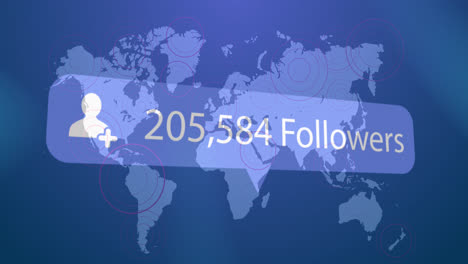Profile-icon-with-increasing-followers-against-pulsating-circles-over-world-map-on-blue-background