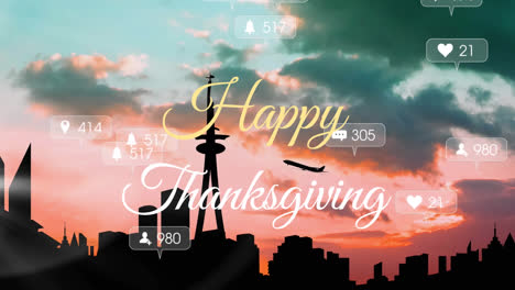 Happy-thanksgiving-text-over-social-media-icons-on-multiple-speech-bubbles-against-cityscape