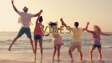 Animation-of-vibes-text-over-happy-people-on-the-beach