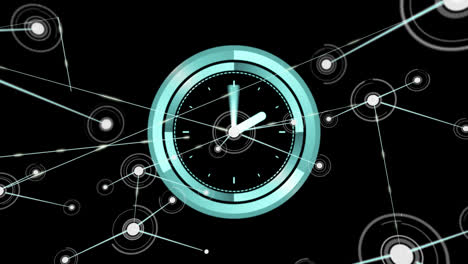 Animation-of-clock-with-rotating-hands-and-network-of-connections-on-black-background
