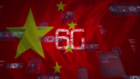 Animation-of-6g-text,-data-processing-and-scopes-scanning-on-screens-over-chinese-flag