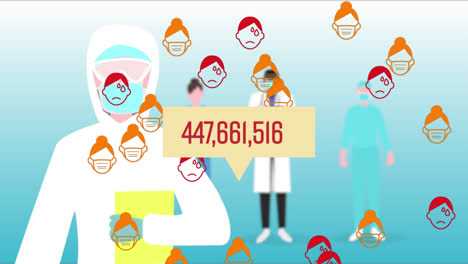 Animation-of-changing-numbers-over-medical-staff-and-falling-sick-icons