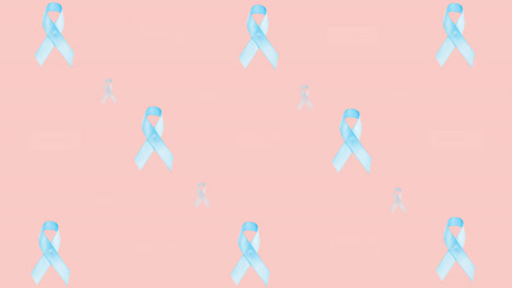Animation-of-multiple-blue-ribbon-logo-and-donate-text-glowing-on-pink-background