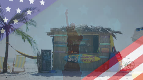 Animation-Der-Amerikanischen-Flagge,-Die-Die-Freiheitsstatue-Und-Die-Strandbar-Enthüllt