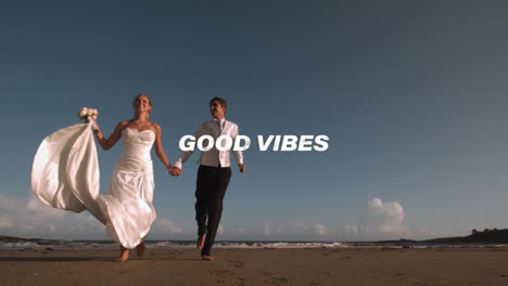 Animation-of-good-vibes-text-over-just-married-couple-on-the-beach