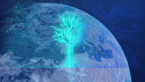 Animation-Einer-Leuchtenden-Computerplatine-über-Einem-Globus-Auf-Blauem-Hintergrund