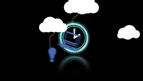 Animation-of-white-clouds-with-hanging-blue-media-icons-and-clock-with-moving-hands,-on-black
