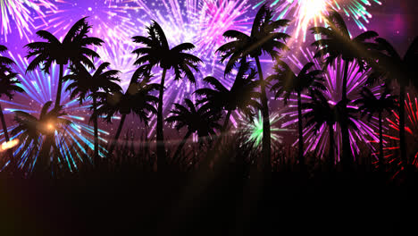 Animation-Von-Palmen-An-Einem-Tropischen-Strand-Mit-Feuerwerk-Im-Hintergrund