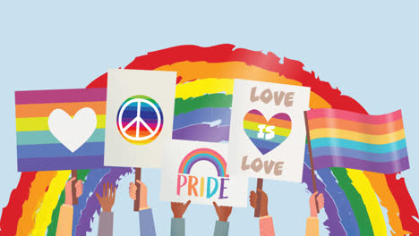 Animation-of-lgbtq-demonstration-posters-and-rainbow-flags-over-rainbow