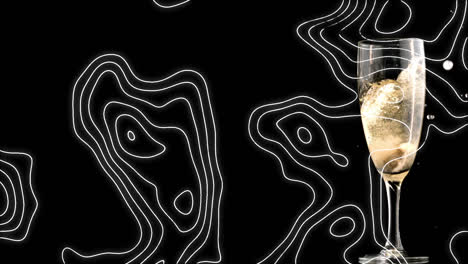 Animation-of-gold-white-contour-lines-moving-over-champagne-pouring-into-glass-on-black-background